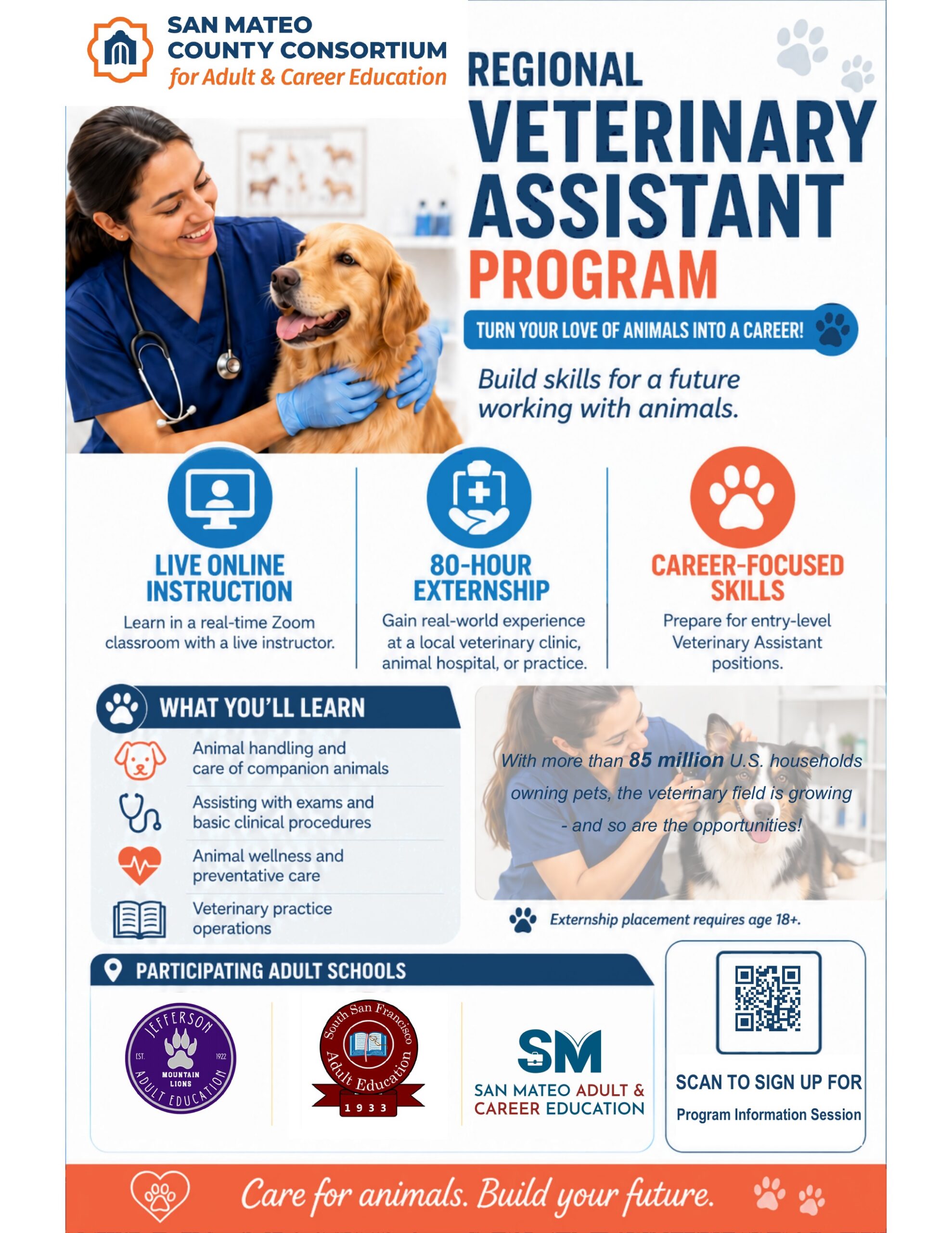 SMCCACE Regional Veterinary Assistant Program flyer featuring live online instruction, an 80-hour externship, and career-focused skills.
